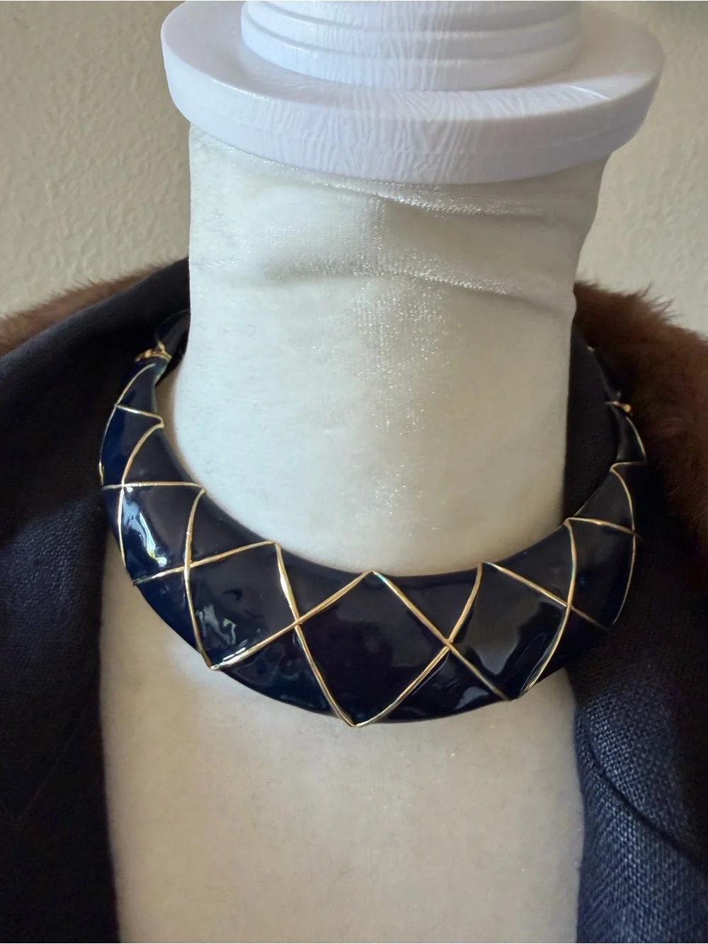 vintage dark navy blue and gold-tone geometric enamel statement choker necklace